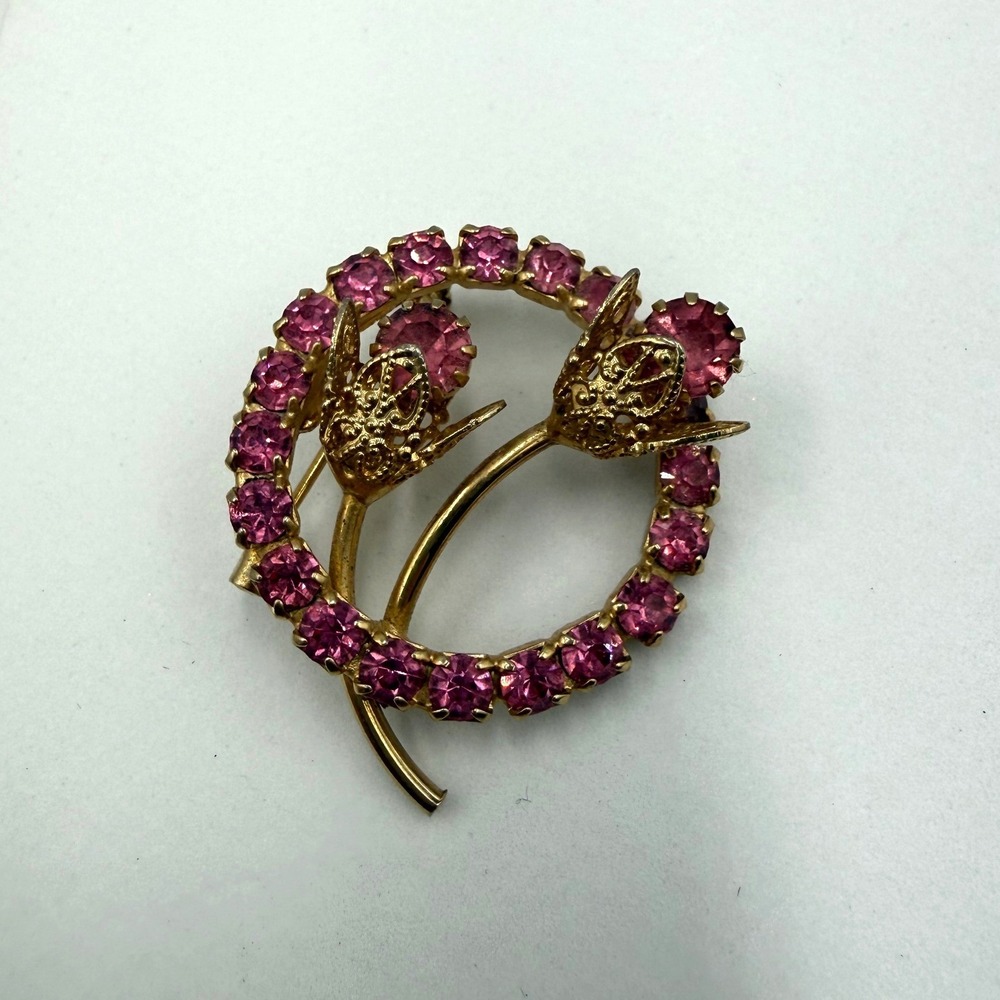 Vintage Pink Rhinestone Flower Wreath Brooch Gold Tone Floral Pin Accessory